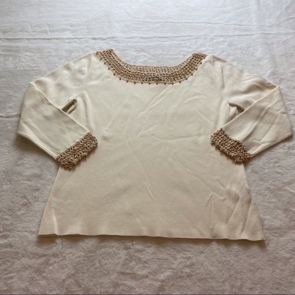 Sigrid Olsen 3/4 Sleeve Silk Blend Top With Faux Pearl Neck and Cuffs Size S